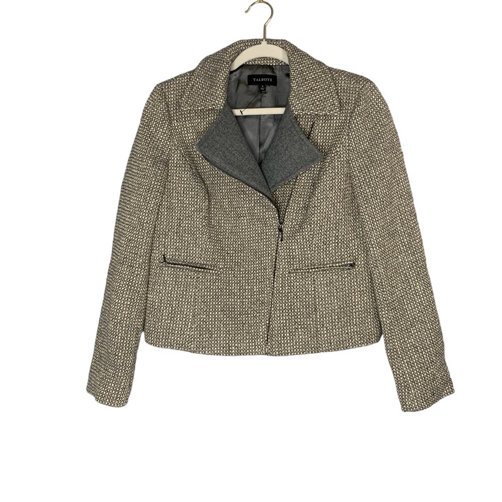 Talbots gray and cream tweed wool blend moto jacket. Size‎ 4